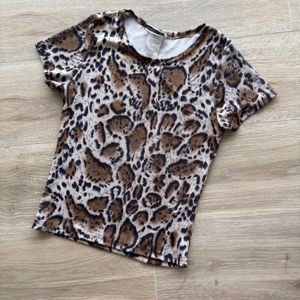 Vintage Y2K Leopard Print Mesh Cropped Baby Tee Women's Small Fairy Grunge Indie